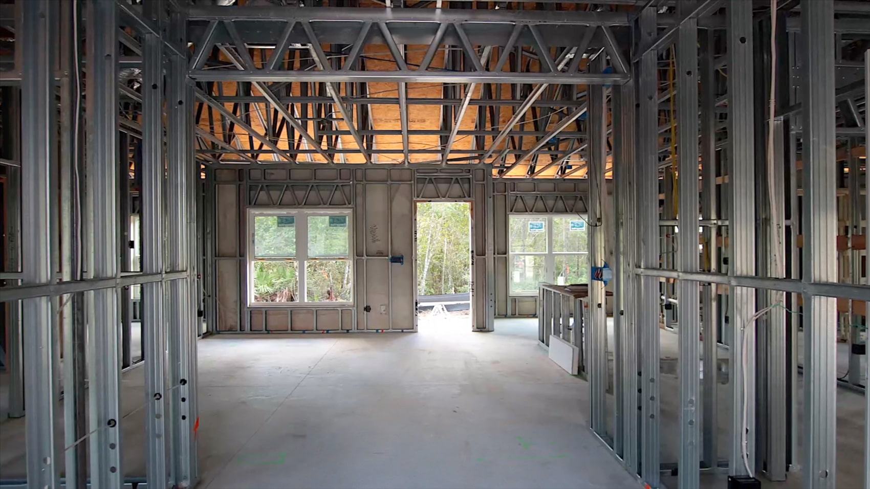 interior of steel frame home under construction