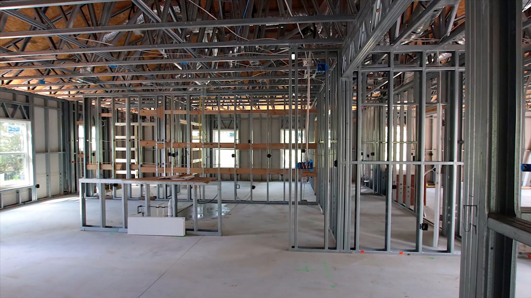 interior of steel frame home under construction